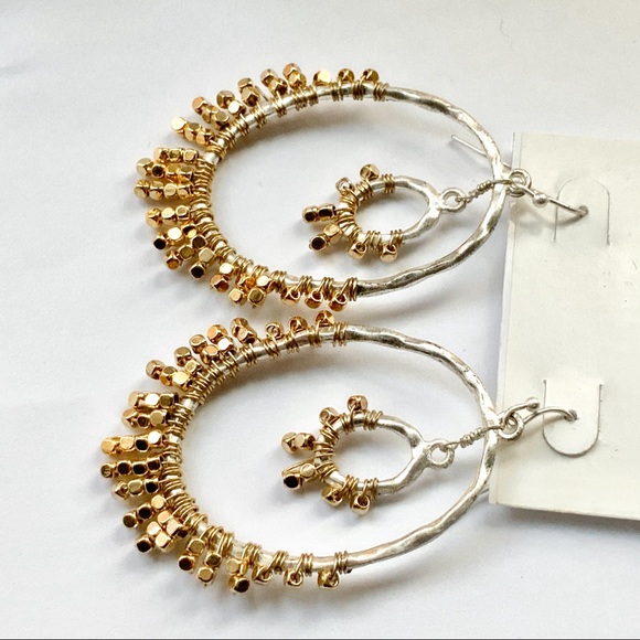 🆕 LOFT Gold Beaded Boho Silver & Gold Seed Beaded Fringe Hoop Earrings NWT - Picture 3 of 5